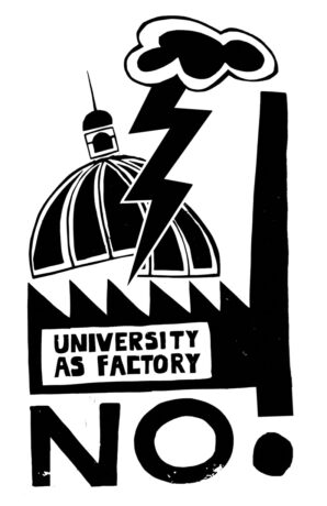 University as Factory No. Political education graphic by Josh MacPhee adapted from May 68 image